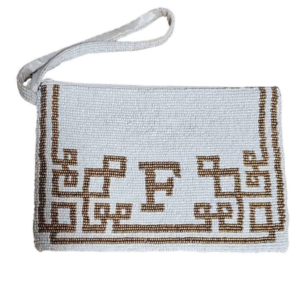 Vintage Moyna Beaded Geometric Pattern Clutch Handbag White Gold Evening Purse